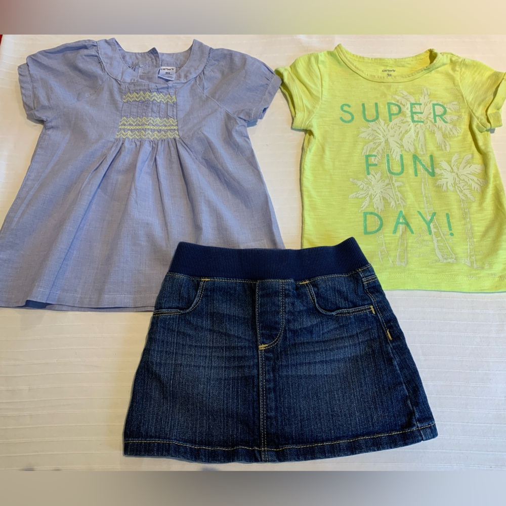 3 pieces, 2 outfits, size 3T - denim skirt and 2 tops